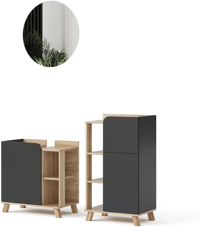 Set di mobili da bagno Karen, Sonoma/Bianco, 60 cm, composto da mobile sottolavabo, specchiera e mobile medio