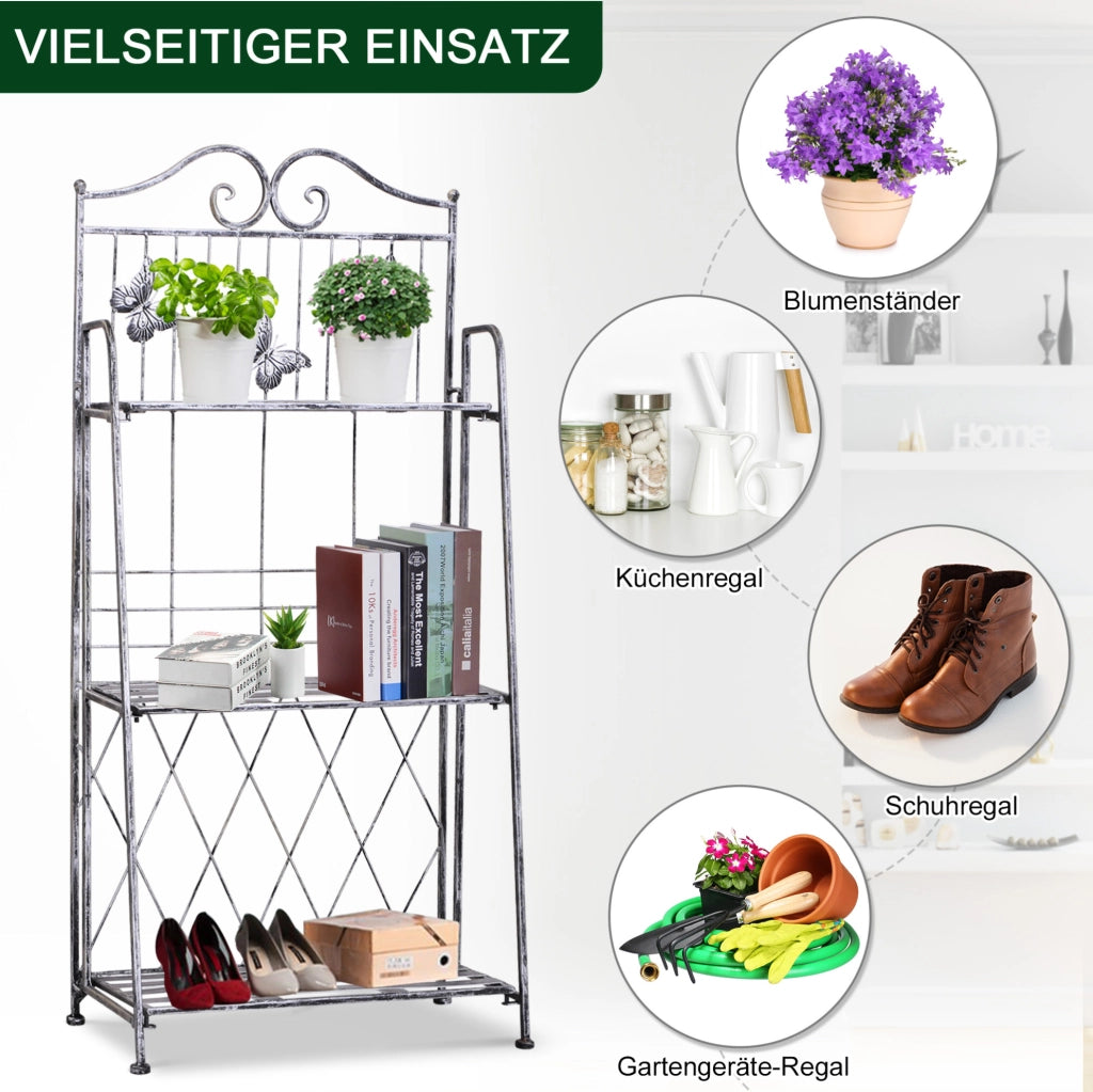Portavasi pieghevole in metallo grigio a 3 ripiani 44x25x96 cm