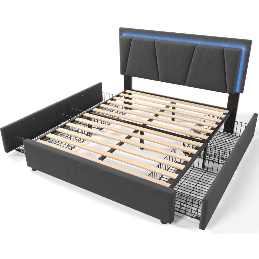 LETTO Imbottito 160x200 cm Grigio con materasso incluso, LED, 4 cassetti