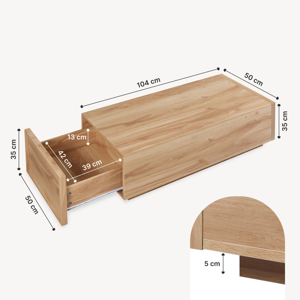 Tavolino Rettangolare Turur da Salotto con 2 Cassetti 104 x 50 x 40 cm - Effetto Rovere [en.casa]