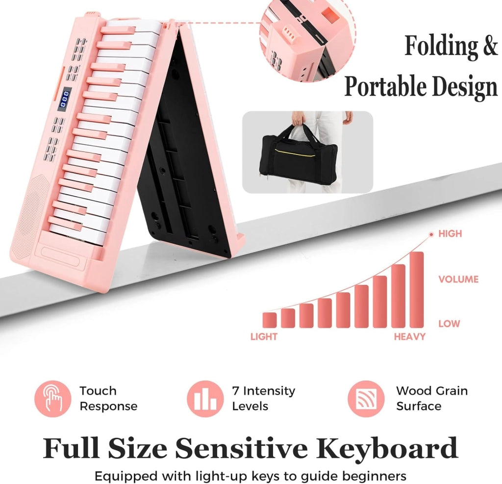 Pianoforte digitale pieghevole a 61 tasti, tastiera con auricolari, pedale, leggio, pianoforte digitale con 128 suoni e ritmi, tastiera per pianoforte con tasca (rosa)
