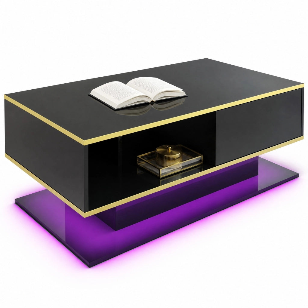 Tavolino da caffè moderno 100 x 50 x 40 cm nero lucido con LED; 3 cassetti e dettagli oro