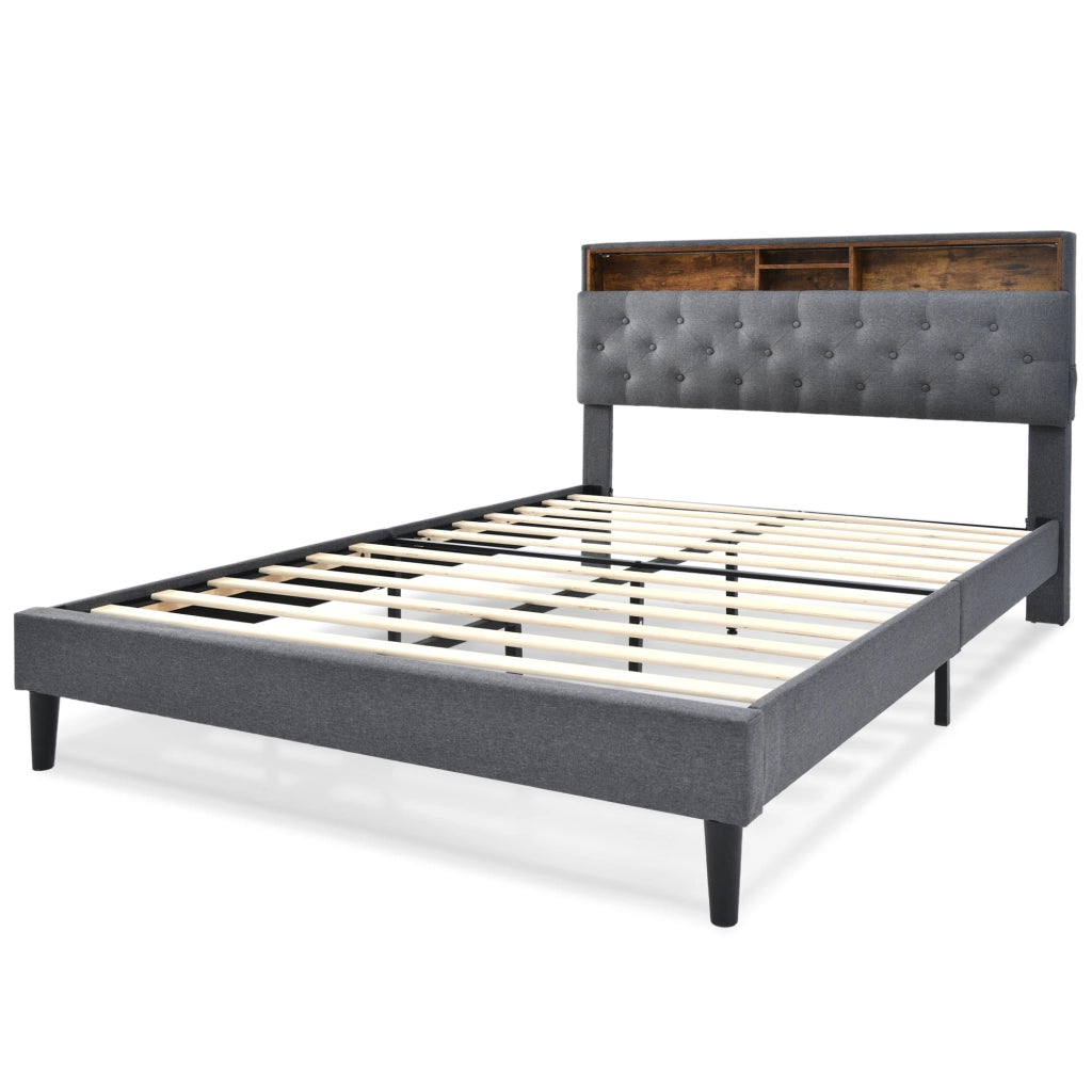 Letto Matrimoniale 140×200 cm con Testiera Contenitore; LED e Scomparti; senza Materasso; Grigio
