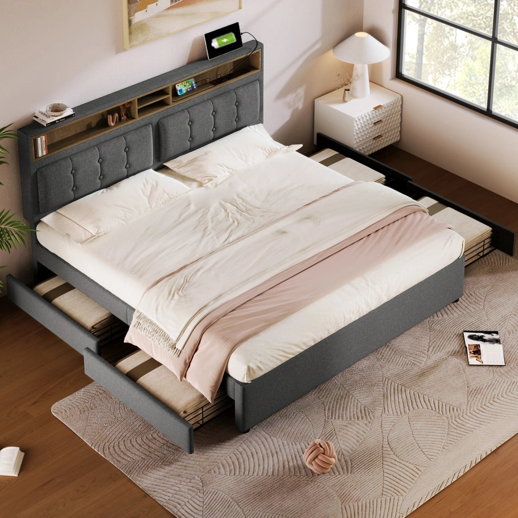 OKWISH Letto con Cassetti Letto Matrimoniale, 4 Cassetti, USB, Tipo C e Prese, 140×200 cm, senza Materasso, in Lino, Grigio
