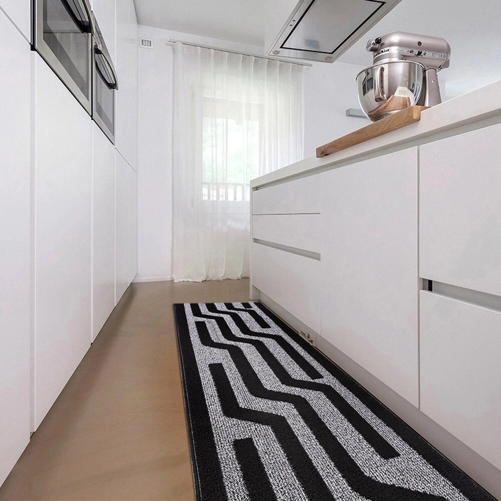 Tappeto Cucina A Righe 50x80 Cm 3D Morbido Bordato Passatoia Ingresso Assorbente Antiscivolo Nero