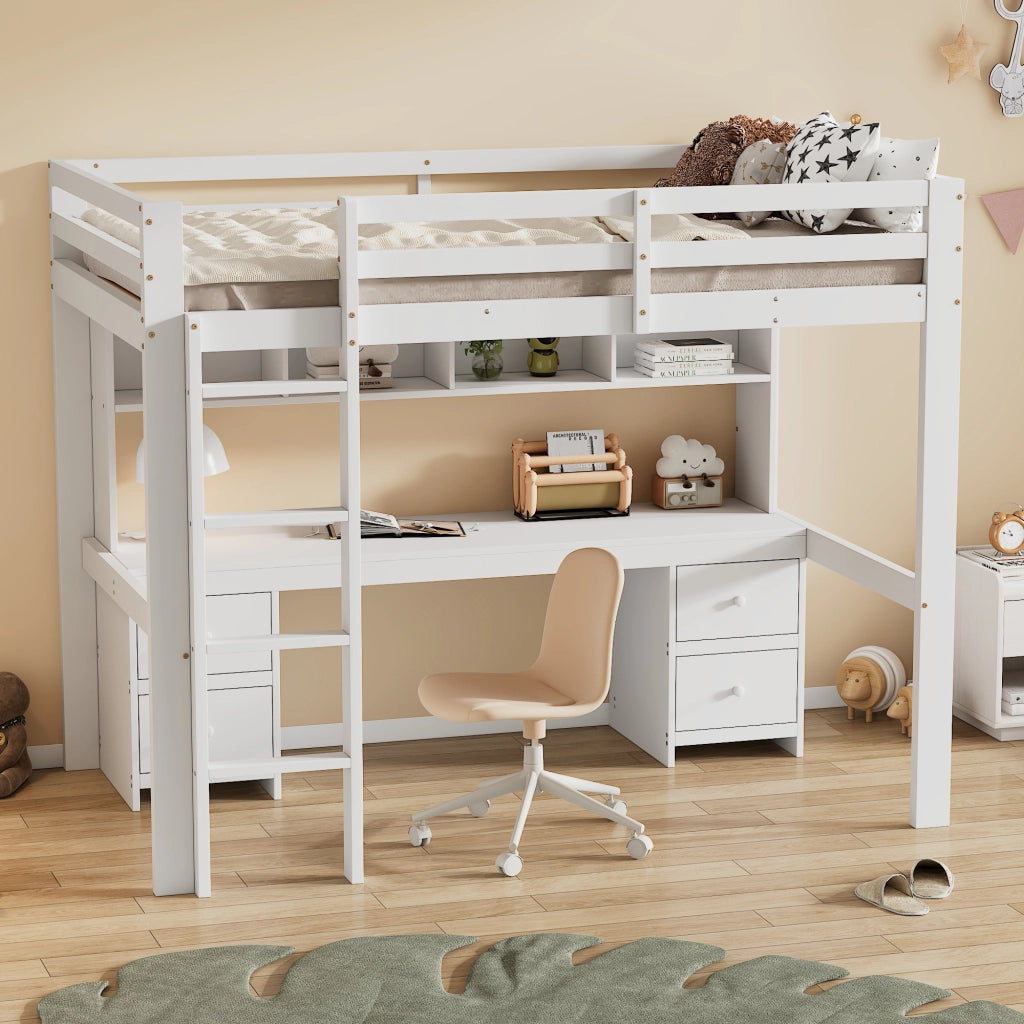 Letto a castello bianco in pino con funzione scrivania e spazio contenitivo 90x200 cm