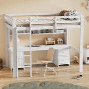 Letto a castello bianco in pino con funzione scrivania e spazio contenitivo 90x200 cm