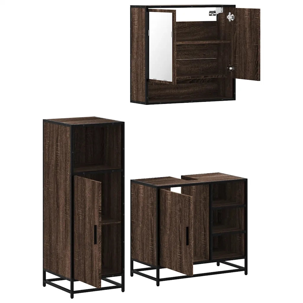 Set Mobili da Bagno 3 pz Rovere Marrone in Legno Multistrato