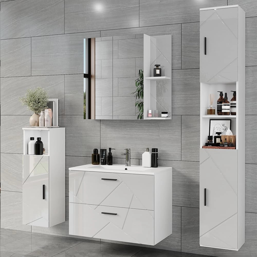 Set di mobili da bagno Irma, Bianco/bianco lucido, 80 cm, composto da mobile sottolavabo, lavabo, pensile, colonna e mobile medio