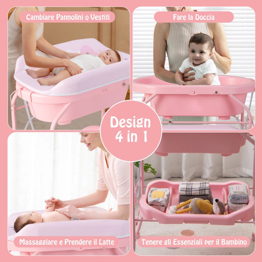 Fasciatoio per bambini con mini vasca da bagno cuscinetto in PVC, Stazione di cambio pannolini per neonati Rosa-Fasciatoi