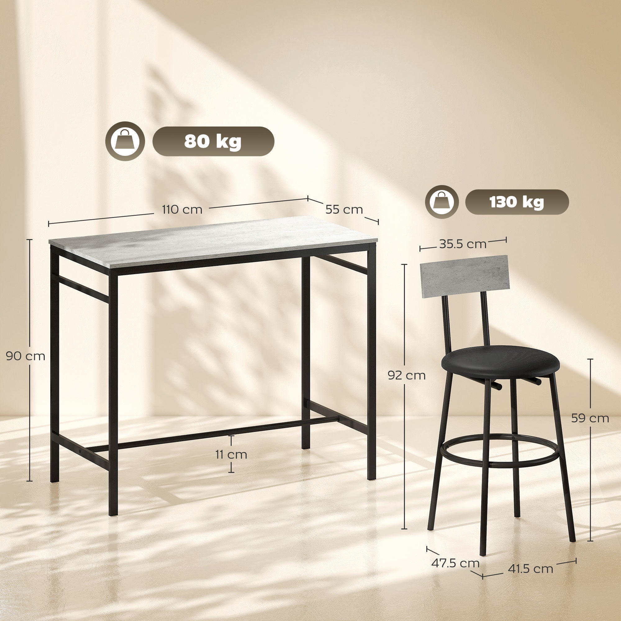 Set Tavolo Alto e 4 Sgabelli da Bar in Stile Industriale in MDF e Acciaio Grigio Cemento