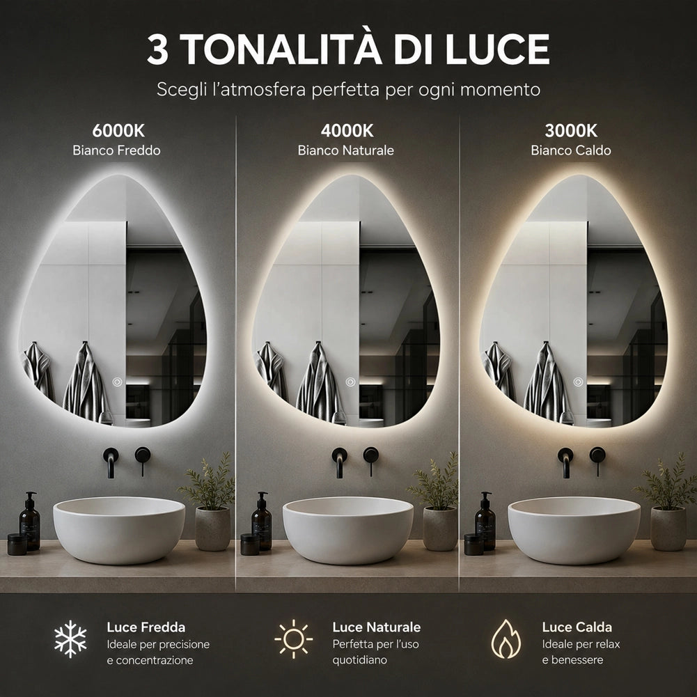 Specchio a Goccia Diametro 50x60 cm Led a 3 Colori Dimmerabile Accensione Touch