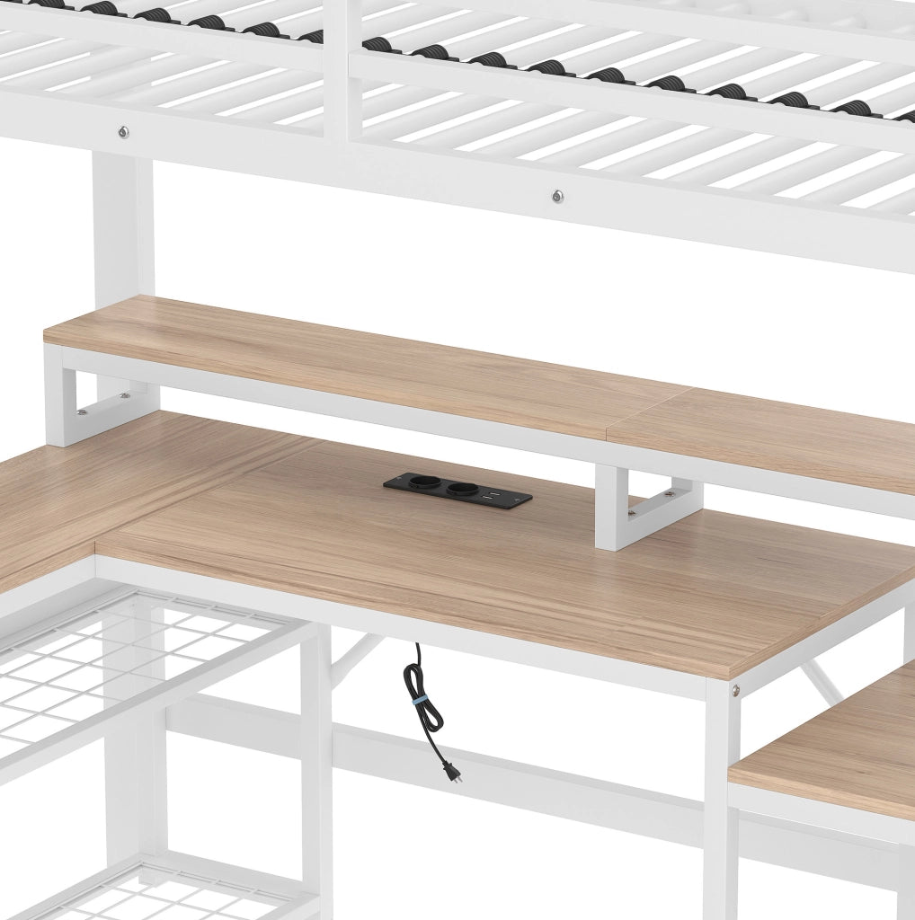 Letto a soppalco 90 x 200 cm bianco con scrivania, LED e USB