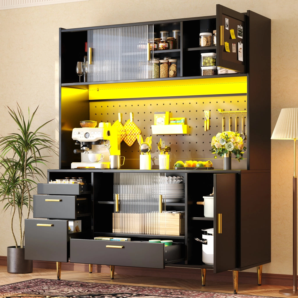 Credenza e madia con LED smart, vani aperti e cassetti, per cucina e sala da pranzo, nero, 140 × 40 × 180 cm