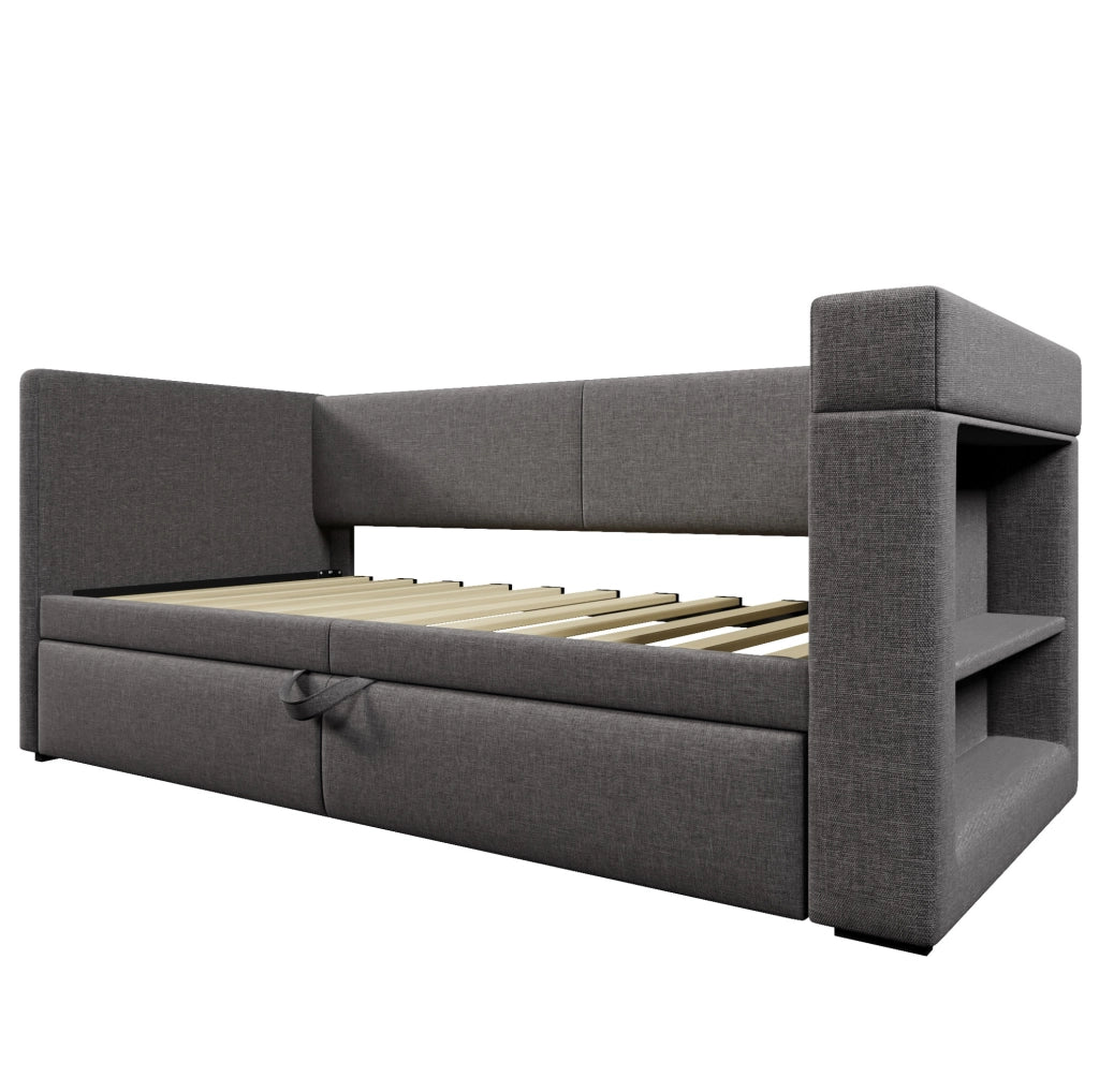 Divano letto ULEVR 90x200 cm con letto estraibile, USB, Type-C e portabicchieri, grigio
