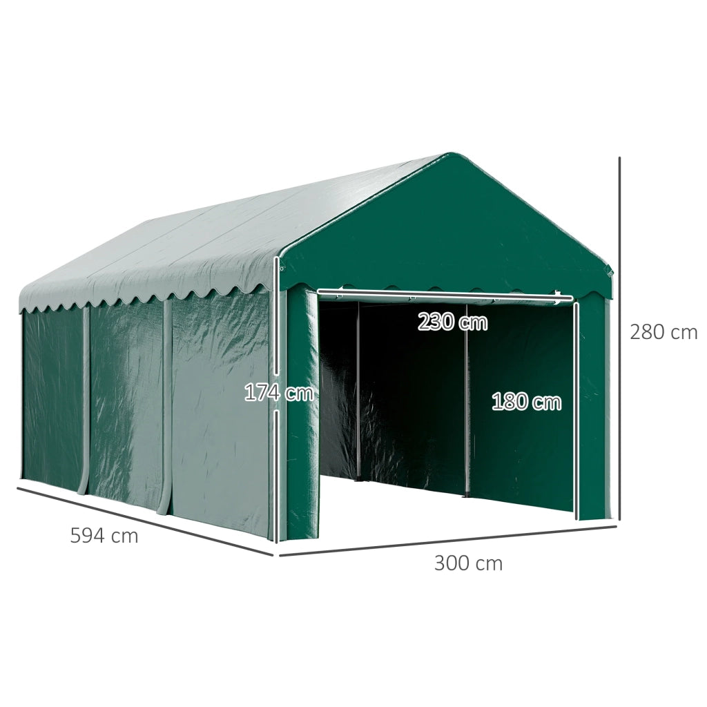 Carport 594 x 300 x 280 cm telo 200g anti-uv resistente struttura rinforzata industriale in polietilene verde 21_0004871