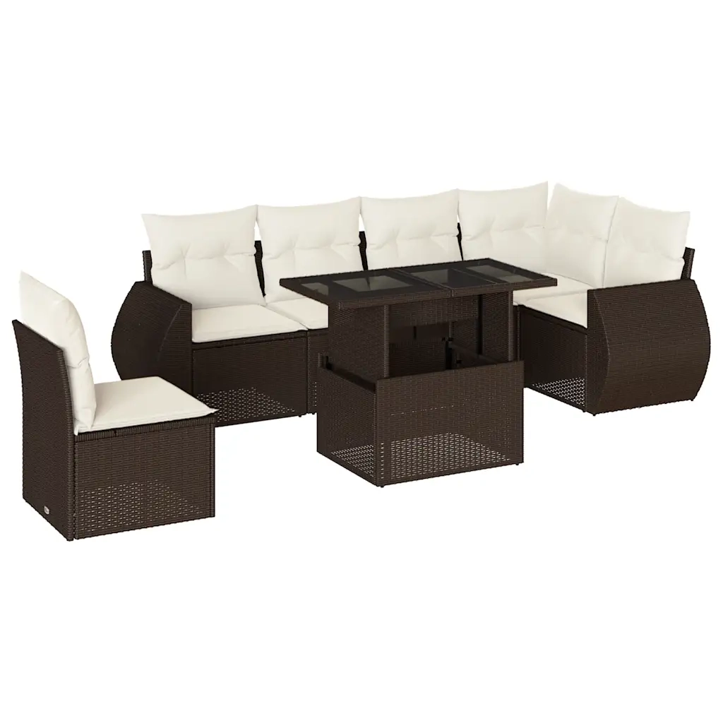 Set Divani da Giardino 7 pz con Cuscini Marrone in Polyrattan