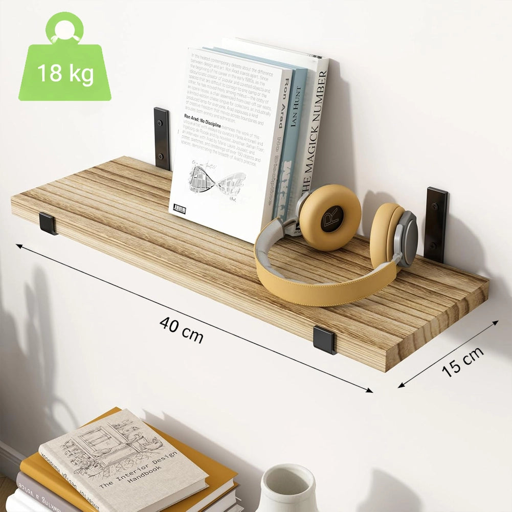 Set 8 Mensole da Parete in Legno Rovere Staffe Nero Scaffalatura da Muro 40x15cm