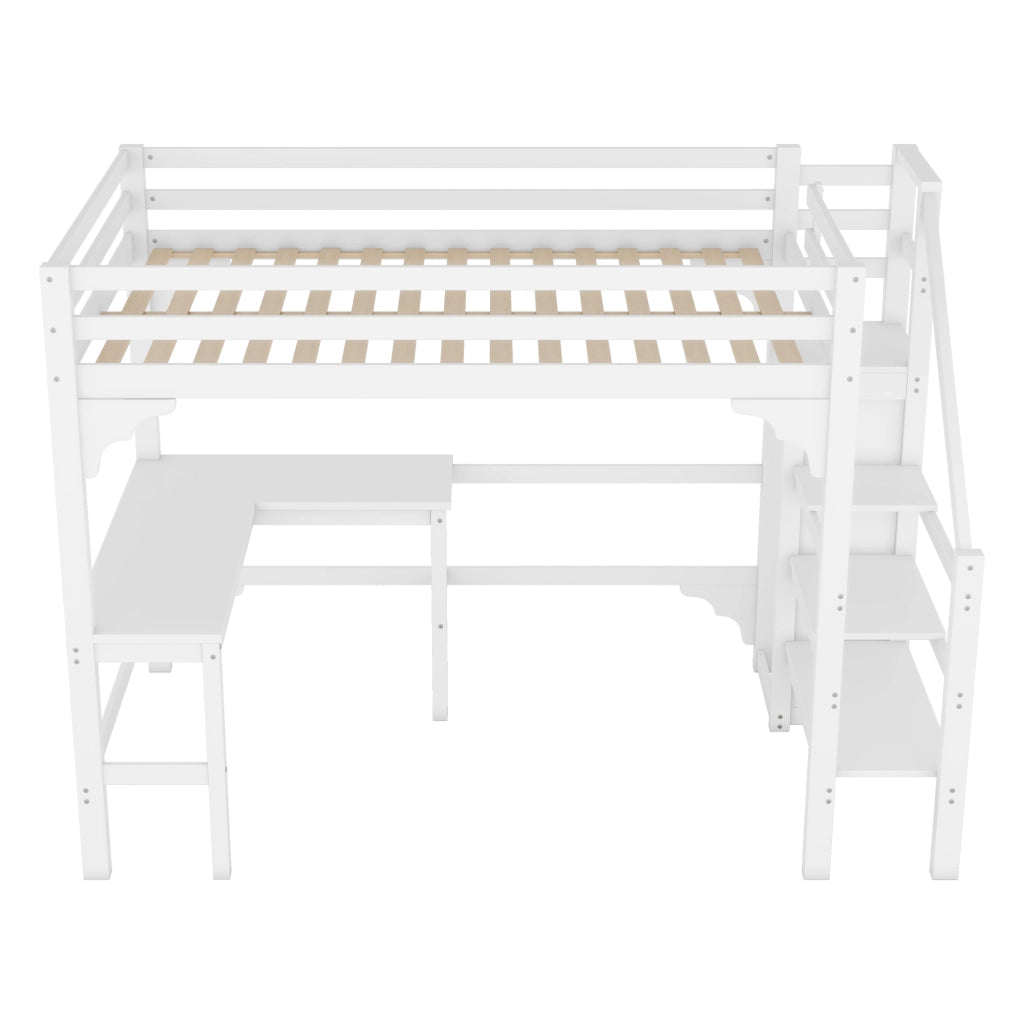 Letto a castello bianco con scrivania a L funzione contenitore in pino 140x200 cm