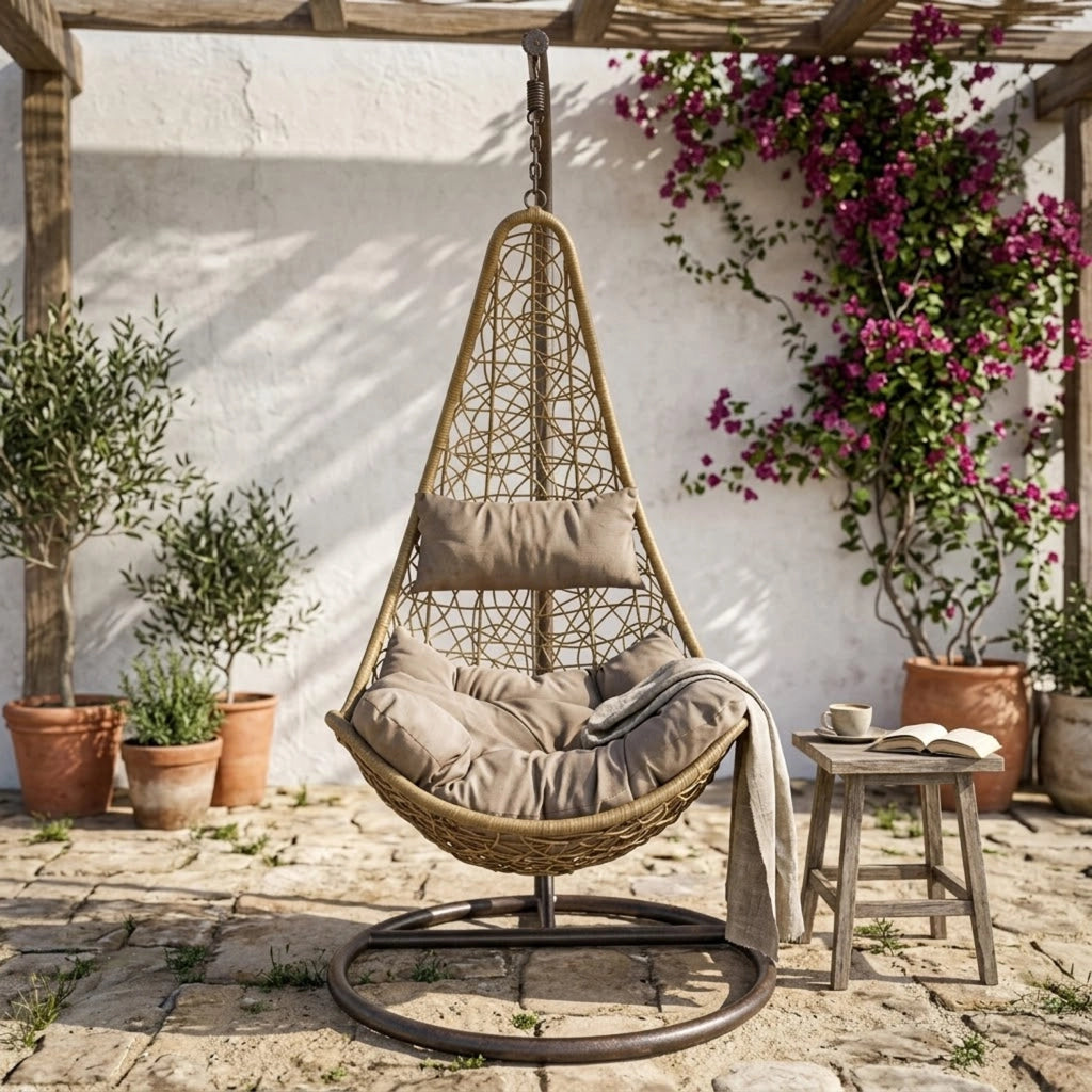 Poltrona Sospesa Da Giardino Con Struttura Autoportante In Metallo Seduta In Polyrattan Con Cuscino E Poggiatesta Arredo Outdoor Terrazza Balcone E Veranda 105 x 195 Cm Beige