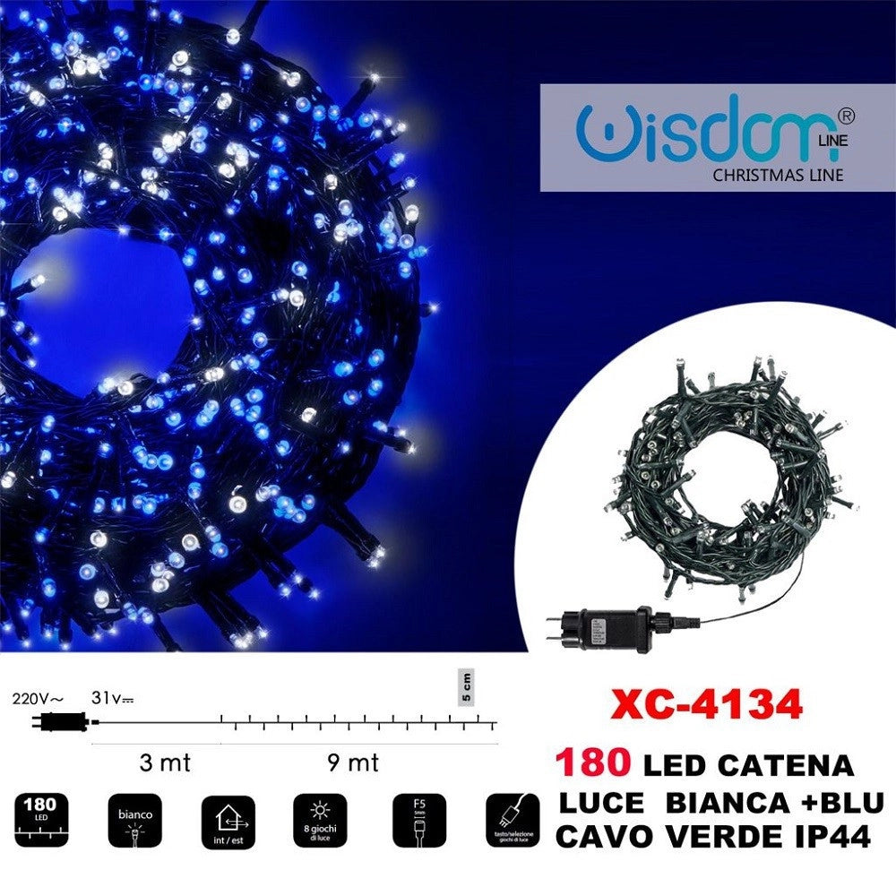 Trade Shop - Catena Luminosa 180 Luci Led Lucciole Luce Bianca + Blu Cavo Verde Ip44 Xc-4134 -