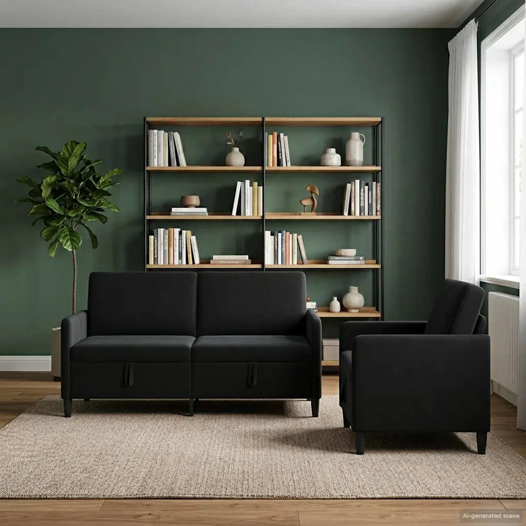 Set di Divani con Storage 2 pz Nero Poliestere 3429224
