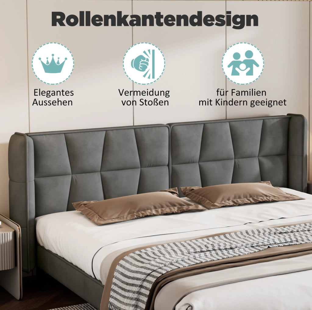 Letto imbottito 180x200 cm con testiera e rete a doghe; velluto grigio