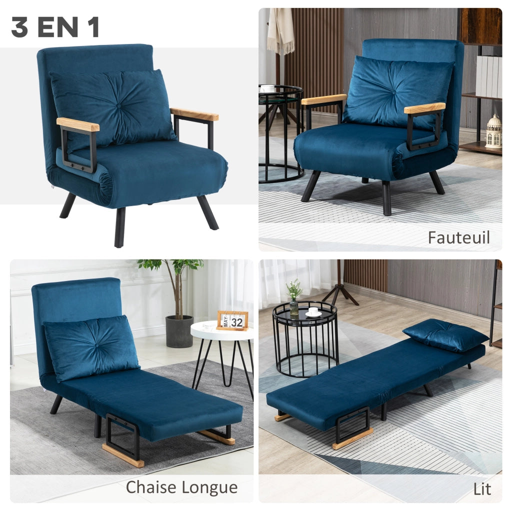 Poltrona letto convertibile 1 posto ¨C Xylo ¨C tessuto effetto velluto blu con braccioli in legno