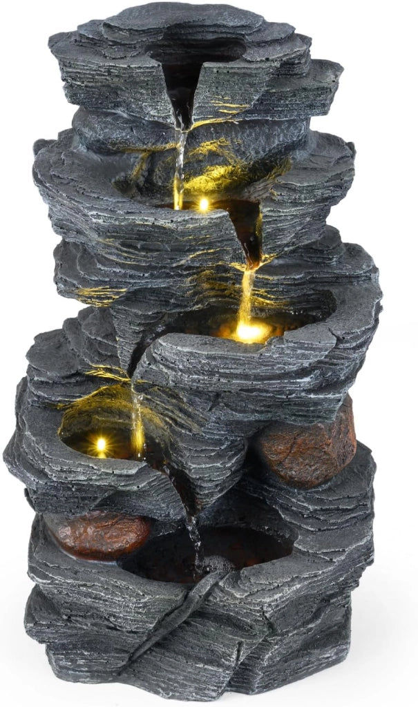 Fontana da Giardino, Fontanella Elettrica da Tavolo con Luci LED | Fontana Cascata in Resina a 5 Livelli con Flusso d'Acqua Regolabile e Pompa, da Interno ed Esterno per Terrazzo e Cortile