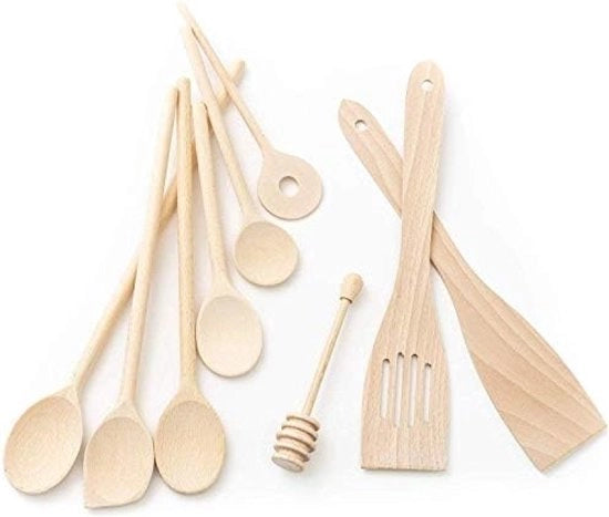 Set di utensili da cucina in legno di betulla grande e piccolo (6x Cucchiai da cucina 18 cm - 35 cm Lunghezza, 2x Spatole, Spatola per levigare)