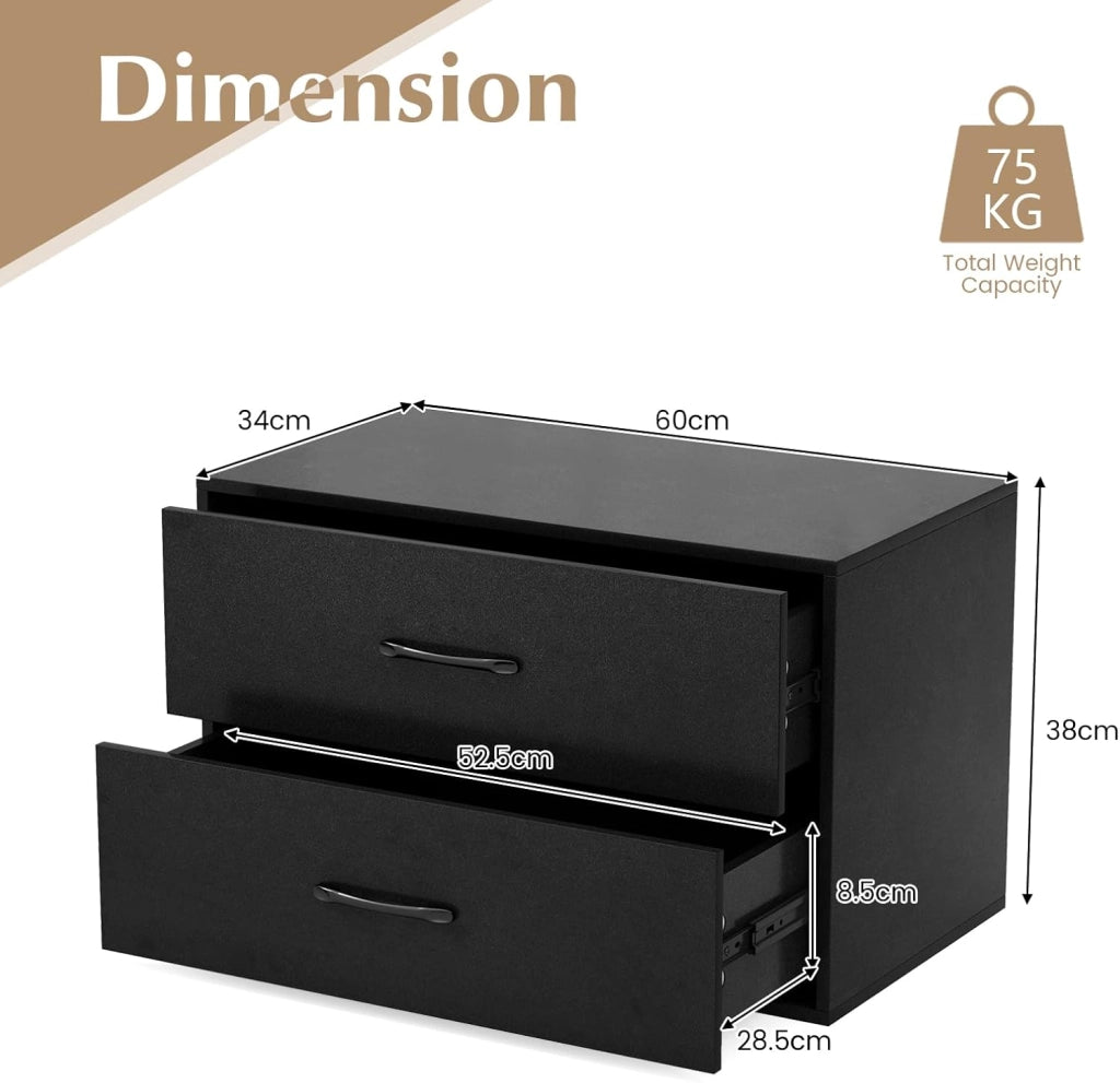 Cassettiera Portaoggetti Camera da Letto 2 Cassetti, Mobile Portaoggetti in Legno con Kit Anti-Ribaltamento, 4 Tasselli, Armadio Portaoggetti per Camera da Letto, 60 x 34 x 38 CM (Nero)