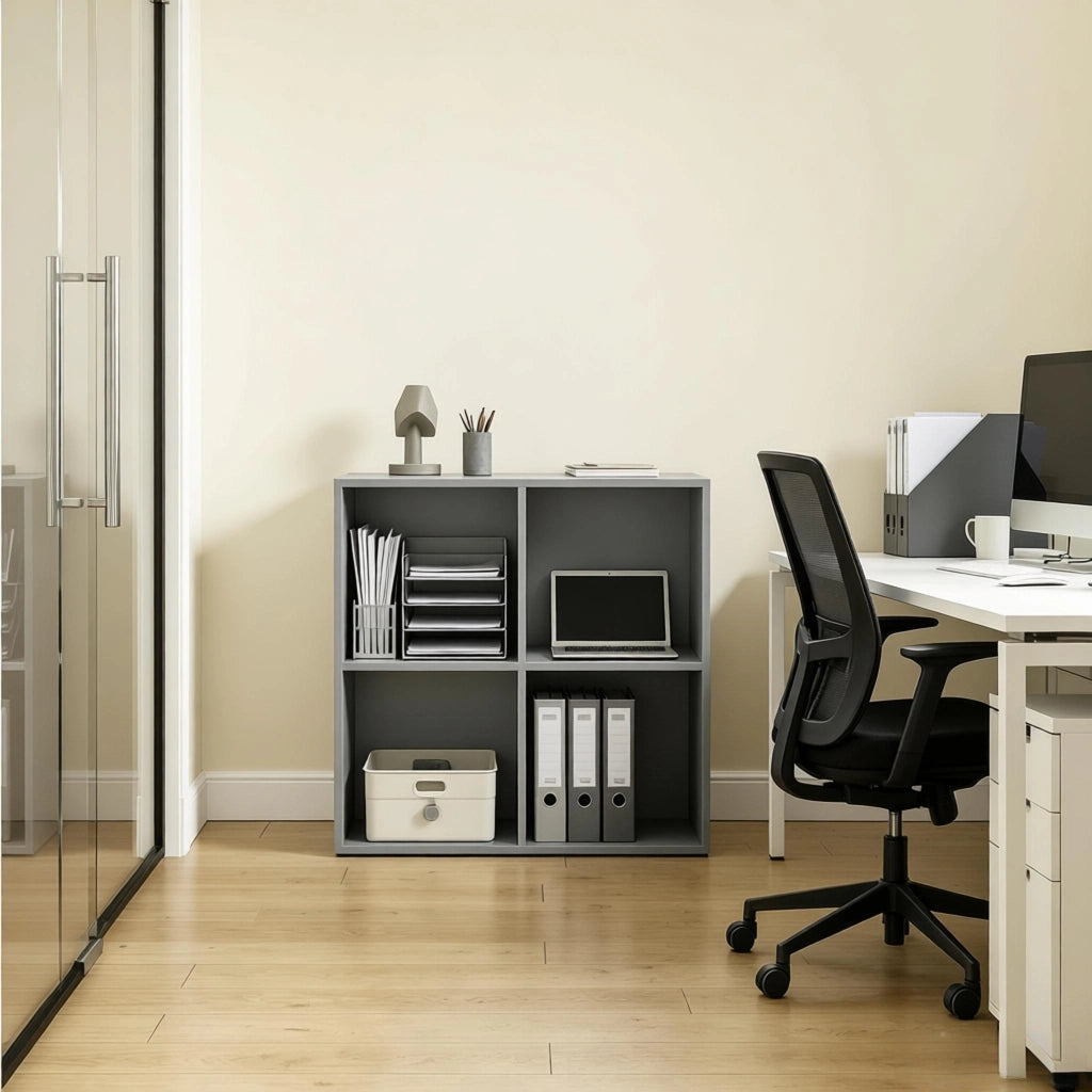 Libreria a cubi compatta a 4 scomparti, scaffale aperto multiuso in legno ingegnerizzato, colore grigio