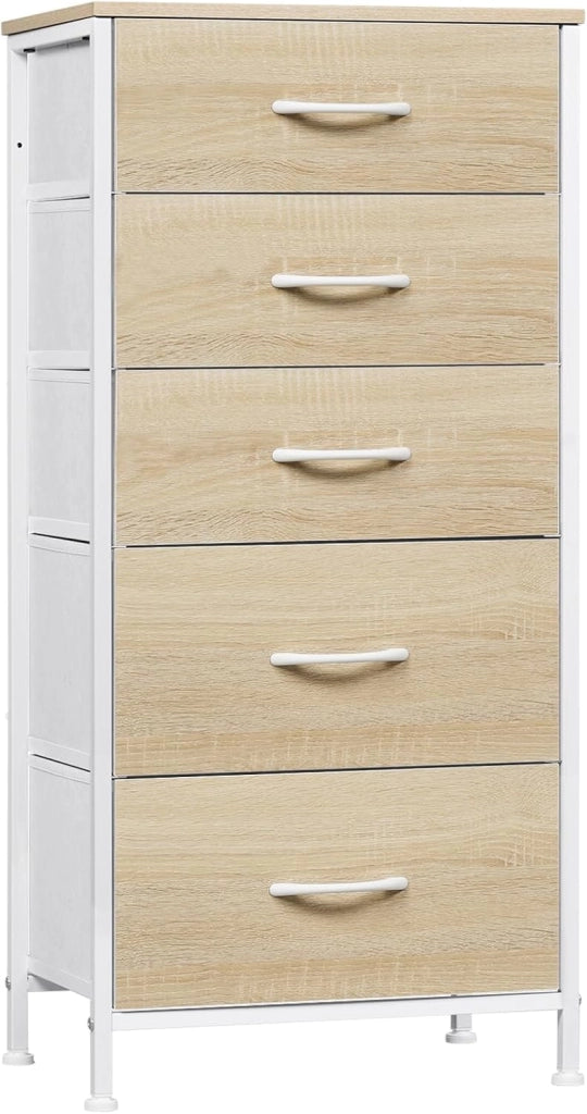 Cassettiera Camera da Letto in Tessuto, Cassettiera a 5 Cassetti, Mobile con Cassetti per Corridoio, Cameretta, Soggiorno, Bianco Nuvola + Beige Rovere
