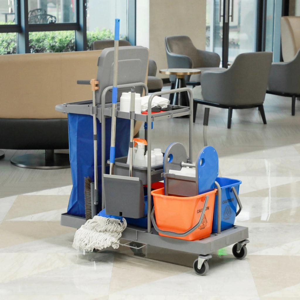 Carrello Pulizie a 3 Ripiani con Sacco per Immondizia e Strizzatore, 111x63.3x103 cm, Grigio Blu e Arancione