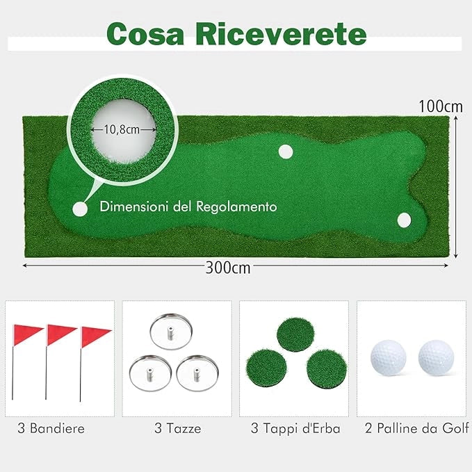 Tappetino da Golf Professionale, Campo da Golf con Erba Artificiale Realistica, 3 Buche, 3 Bandierine e Tazze per l'Allenamento Interno ed Esterno, 300 x 100 CM