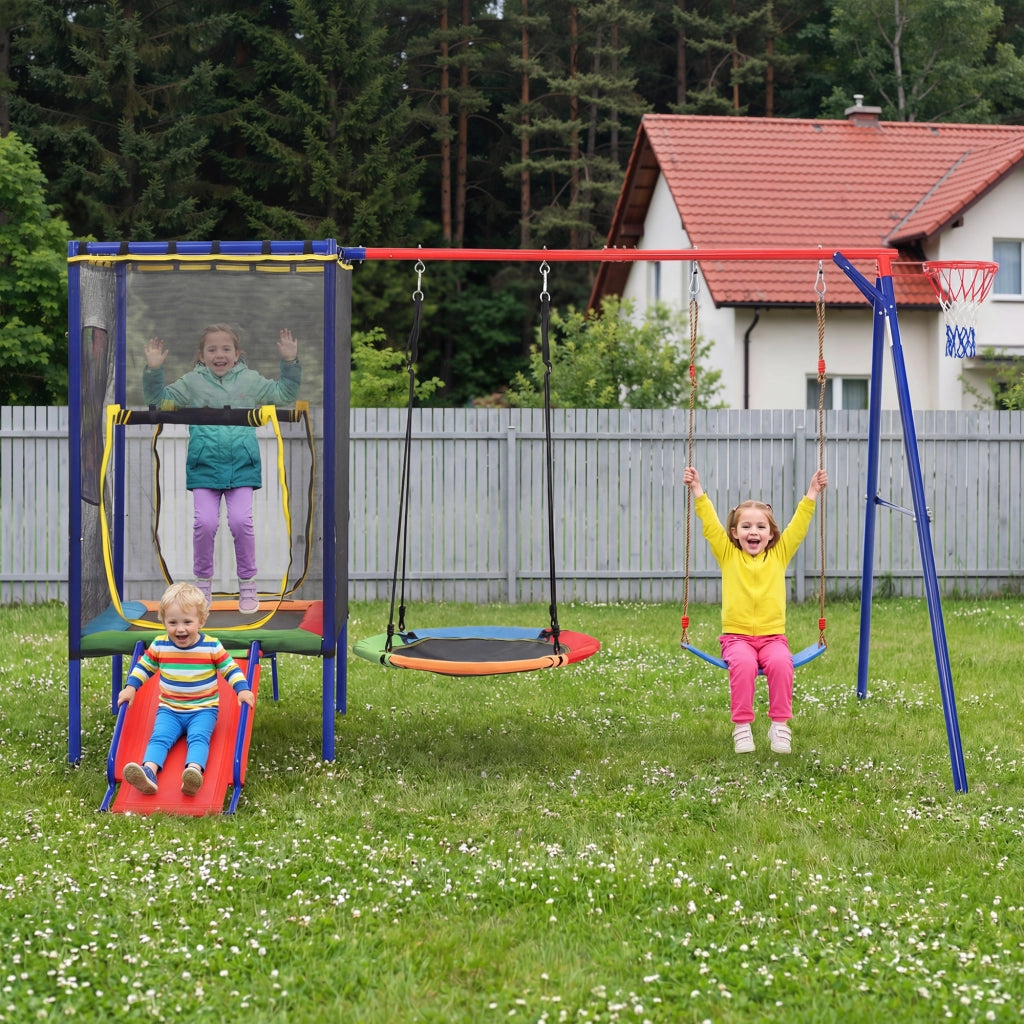 Area giochi con trampolino rete sicurezza scivolo doppia altalena e canestro in ferro multicolore 336 × 217 × 198 cm