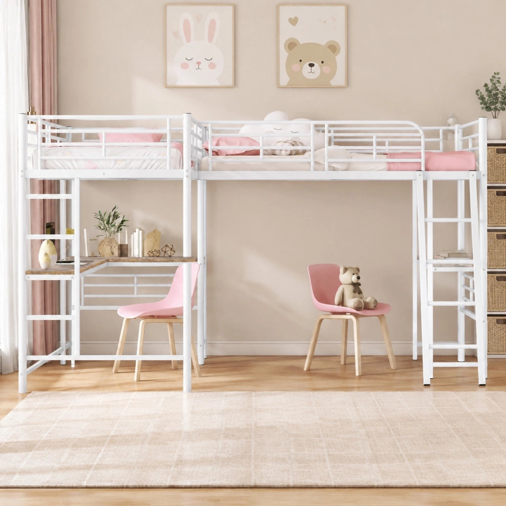 Letto a soppalco 90x200 cm con scrivania in metallo e MDF bianco