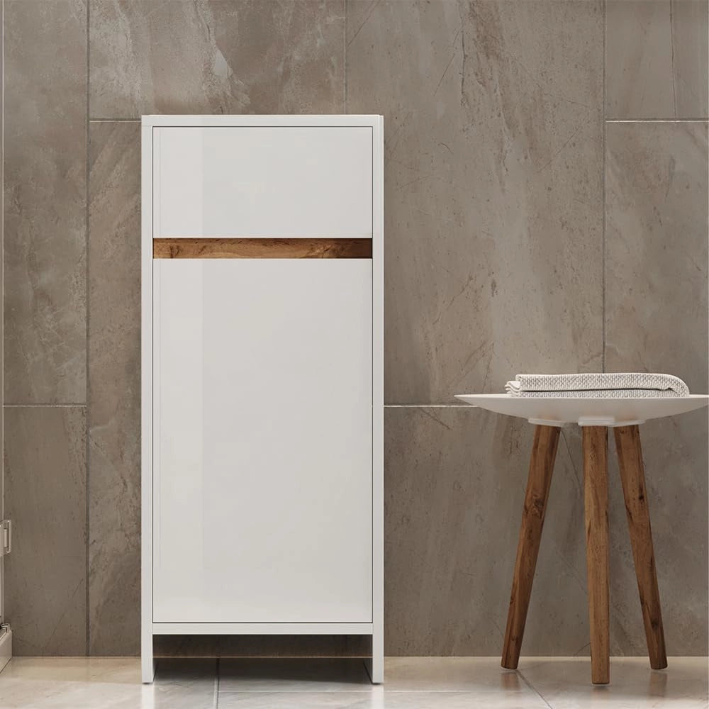 Mobiletto midi Detmold, Bianco lucido/oro power oak, 35 x 82 cm con anta e cassetto, adatto per montaggio a parete e combinabile con la serie Detmold