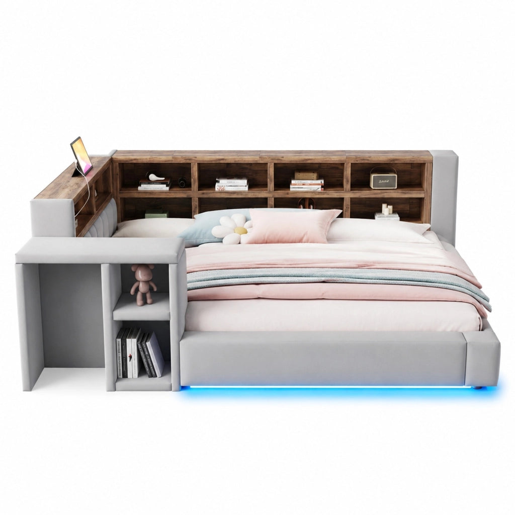 Letto imbottito 90 x 200 cm grigio scuro con LED, prese e vani
