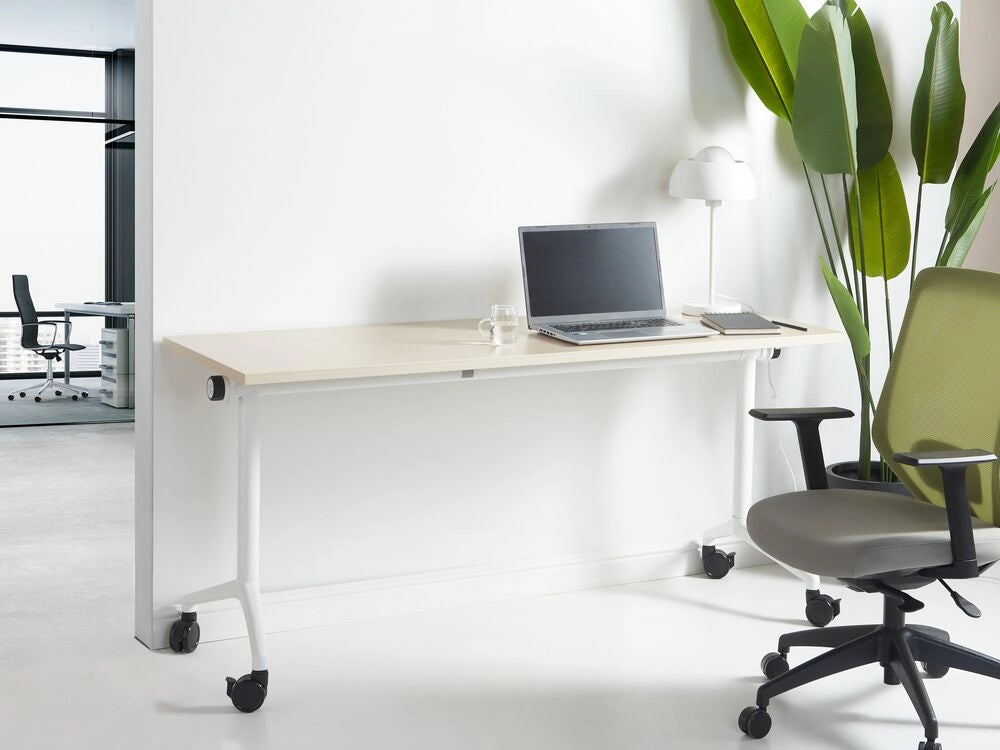 Scrivania rettangolare pieghevole con rotelle portatile con struttura in metallo bianco marrone chiaro 160 x 60 cm stile moderno