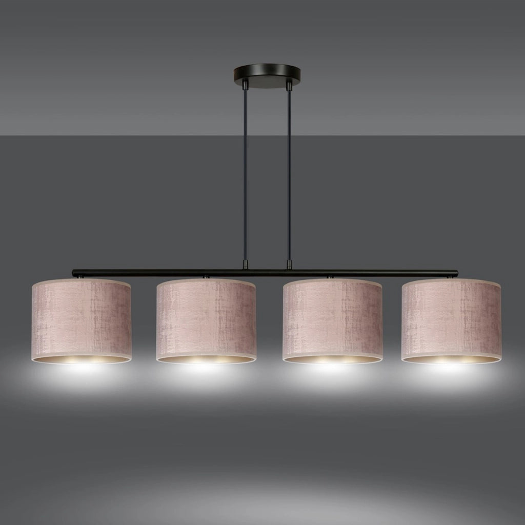 Lampada a sospensione Hilde in acciaio nero e velluto rosa antico