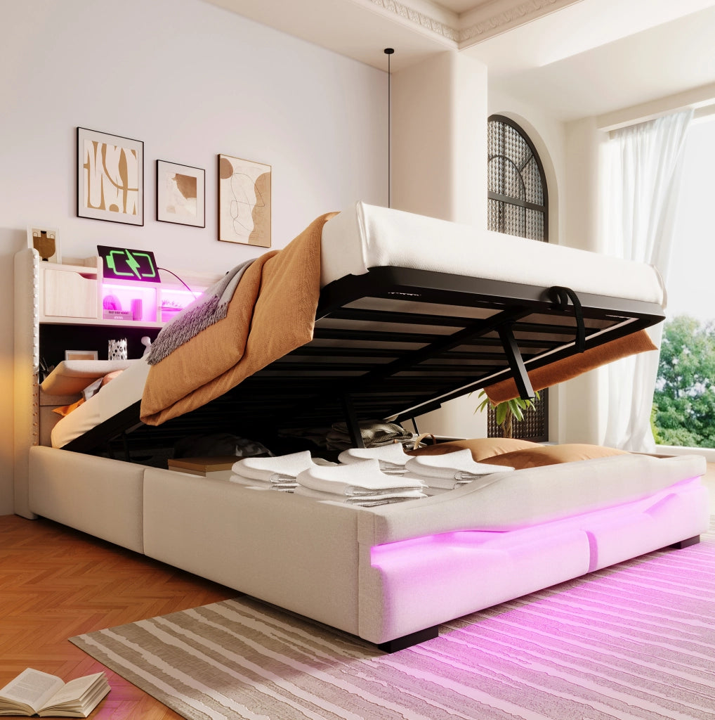 Letto imbottito 140x200 cm con LED e contenitore idraulico
