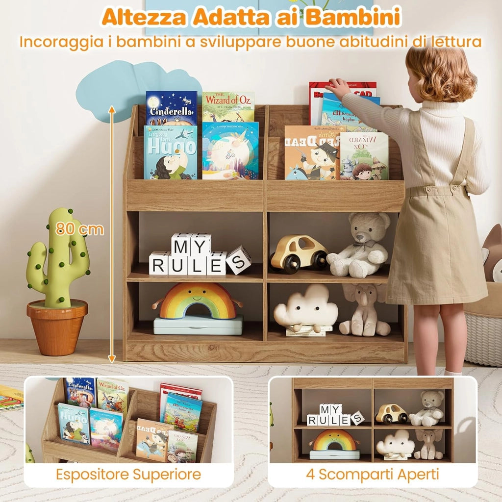 Libreria Montessoriana Porta Libri per Bambini, Scaffale Multifunzione con 4 Cubi e 4 Scomparti, Anti-ribaltamento, Salvaspazio per Cameretta e Stanza dei Giochi, 90x34x80 cm (Naturale)