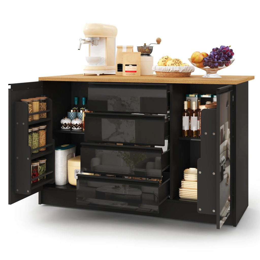 Isola Cucina con Piano Allungabile ¨C MINIMAL ¨C 4 Cassetti, 2 Ante, Nero, Effetto Legno, 140 cm