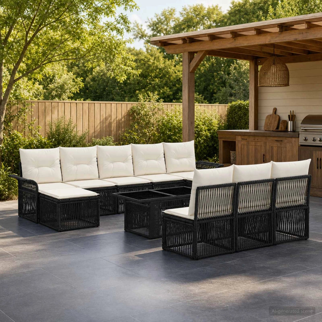 Set Divano da Giardino 11 pz Nero e Bianco Crema polyrattan 3436693
