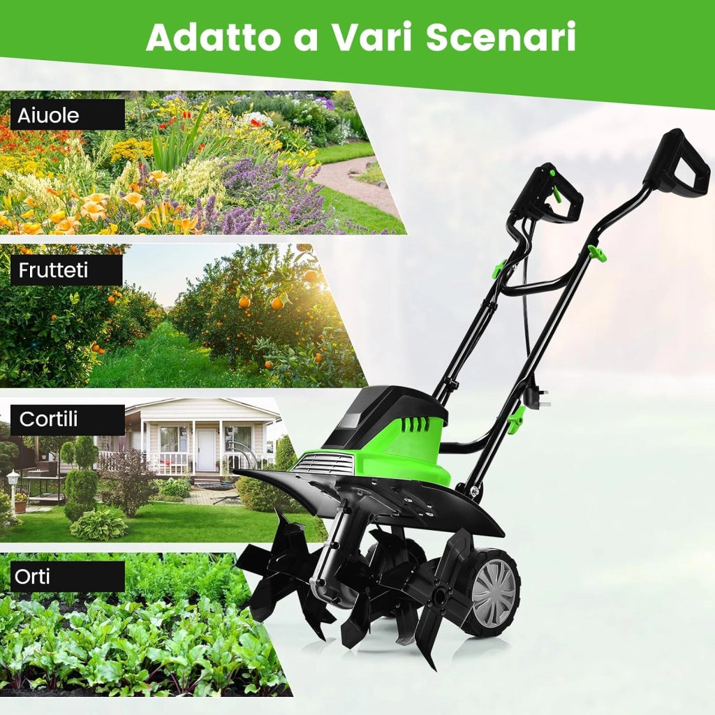 Motozappa Elettrica 1500W, Zappatrice Elettrica con Maniglia Pieghevole, Ruote Regolabili, 6 Lame, Velocità 400 PRM, Profondità 22 cm, Larghezza 43 cm (Verde, 1500 W)