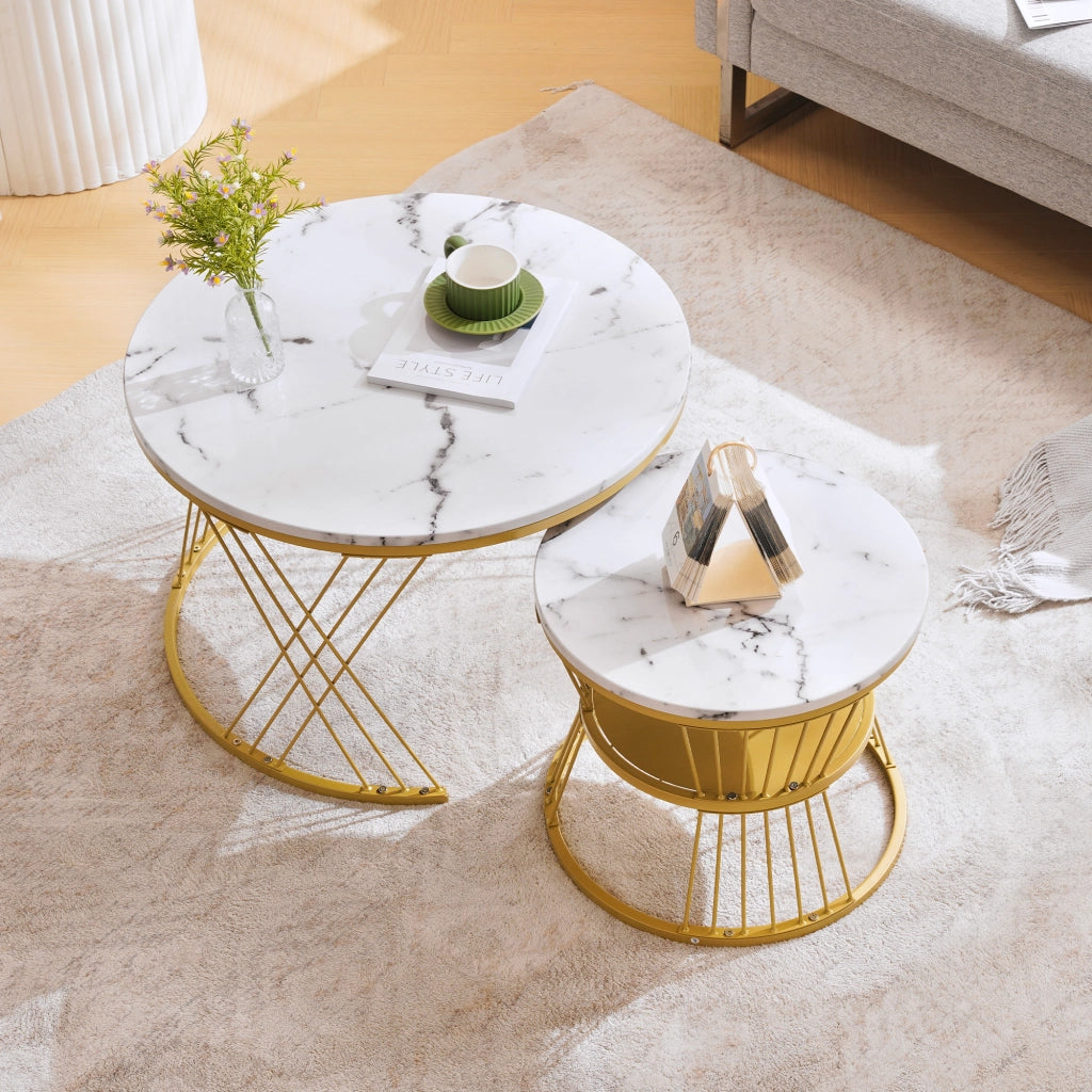TAVOLINO da caffè set 2 pezzi rotondo impilabile 70/45 cm MDF bianco e oro