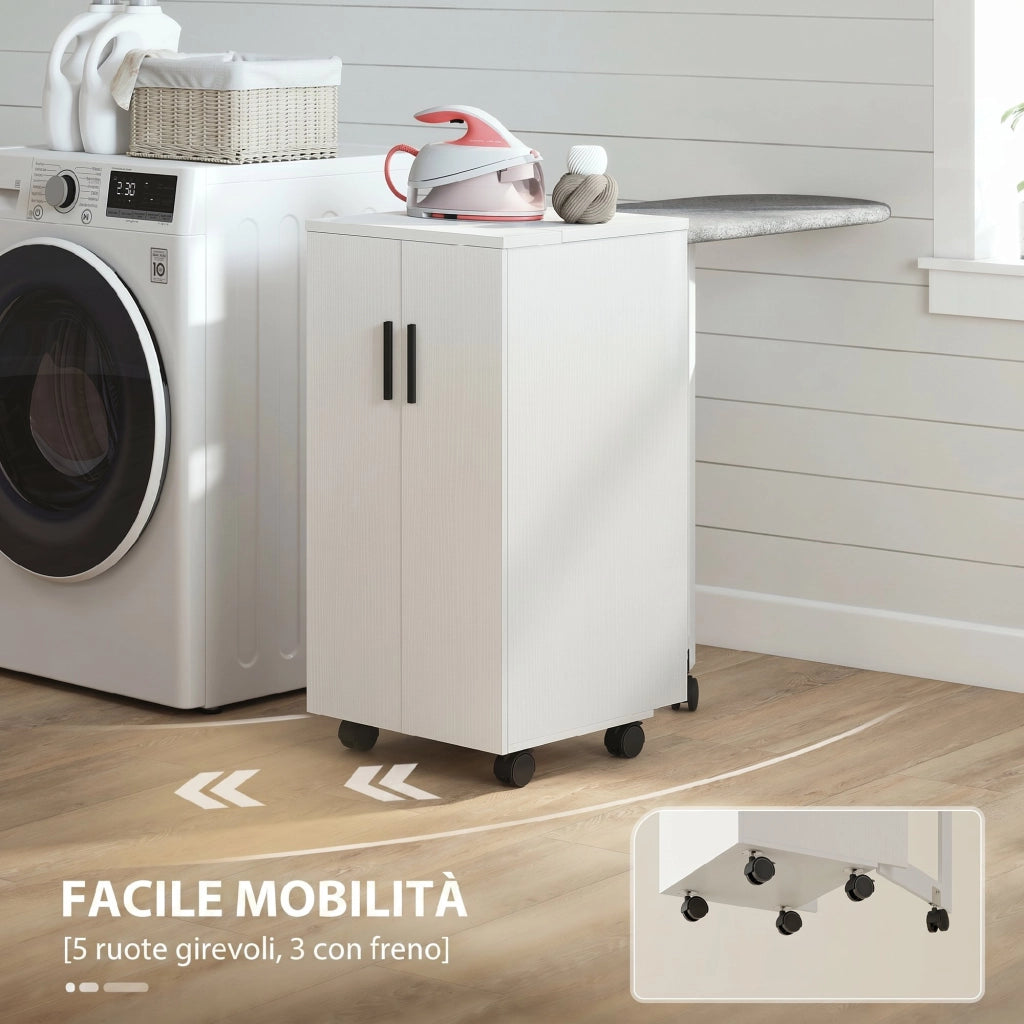 Mobile da Stiro Pieghevole 128x43x83 cm a Ruote con Mensola Regolabile e Chiusura Morbida in Legno e Tessuto Bianco