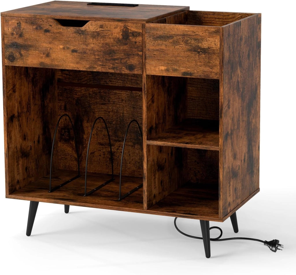 Supporto per giradischi con base di ricarica, per dischi in vinile con cassetto e vano aperto, giradischi da tavolo con presa e USB e tipo C, in vinile