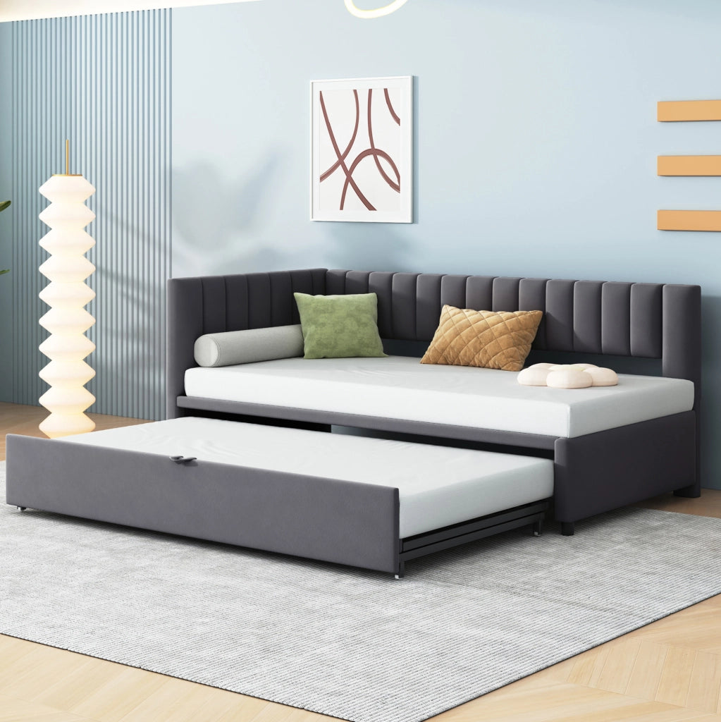 Divano letto angolare 90x200 cm estraibile; design salvaspazio; in velluto imbottito grigio